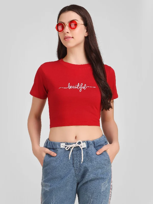 Women Red Crop Top - NOZ2TOZ Collared Crew Neck Turtle Neck