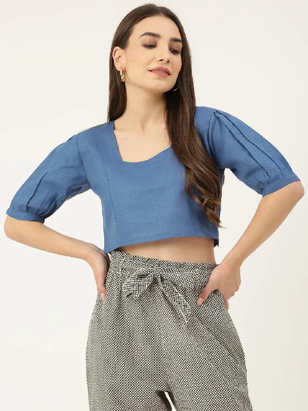 Women's  Blue Solid Trendy Fitted Crop Top,Has A Square Neck, Short Sleeves And Zip Closure  - Deckedup Chenille Brocade Lace