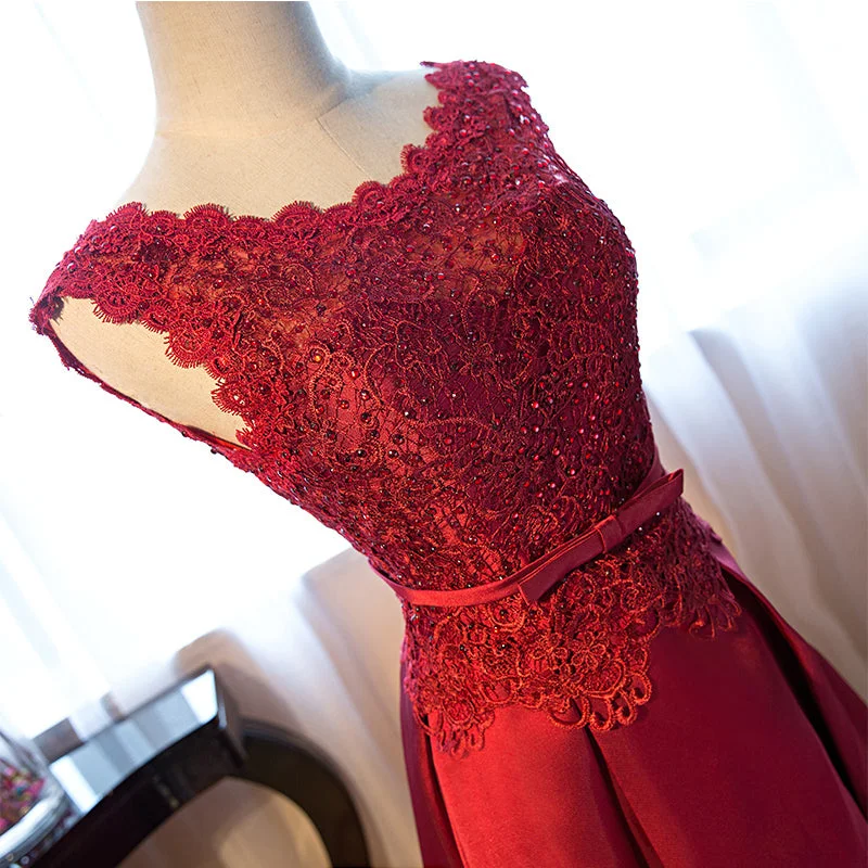 Dark Red Lace Long Junior Prom Dress, Lace Top Party Dress Tunics Practical easy-care