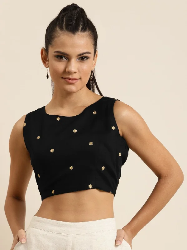 Women's Black Sleeveless Embroidered Crop Top - SHAE Hooded Caped Shawl Collar
