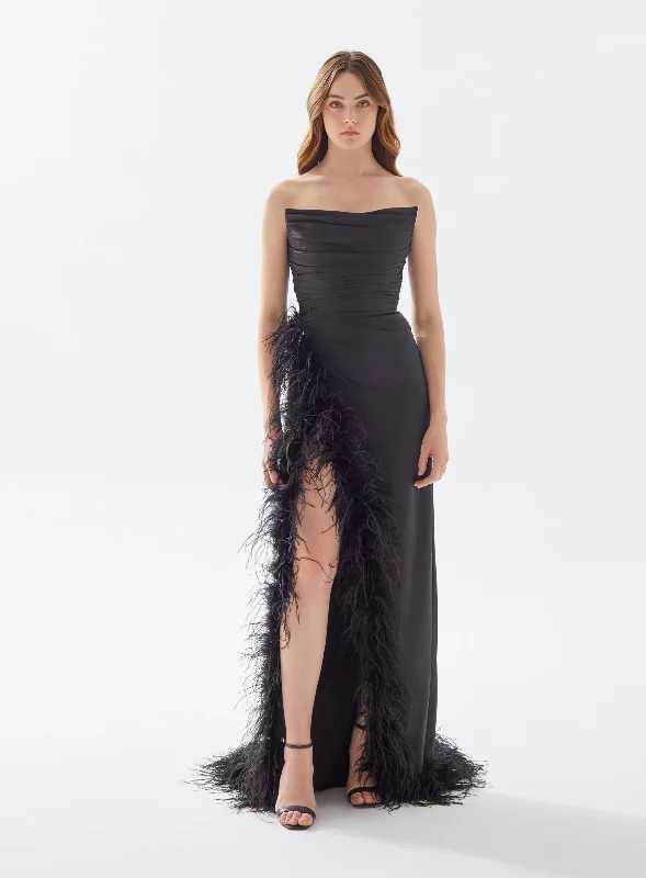 Tarik Ediz 52004 Eliza Strapless Feathers Details Evening Dress Boat Neckline Classic