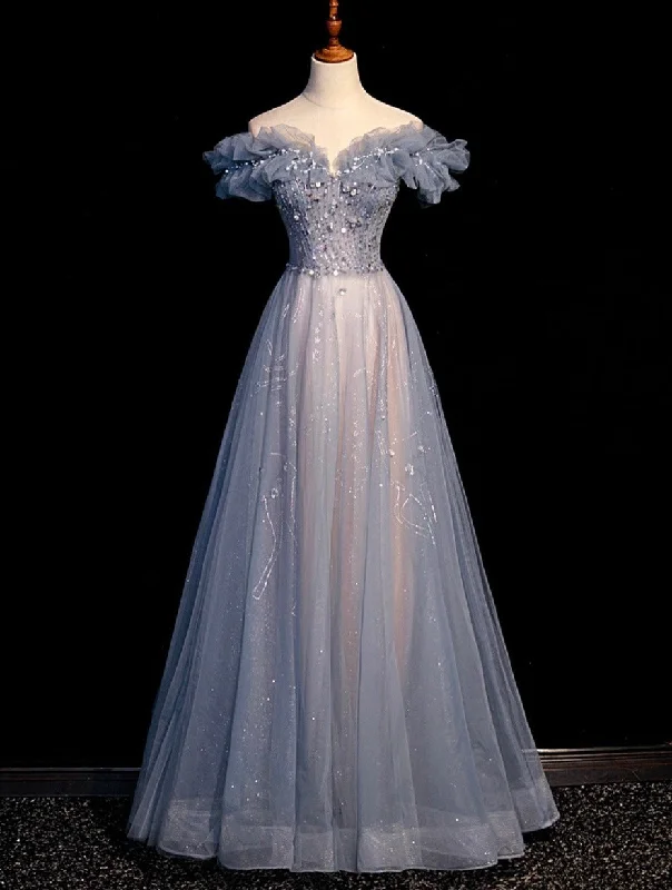 Off Shoulder Puffy Sleeves Beaded Party Dress Prom Dress, Blue Evening Gown Tunics Distressed trendy