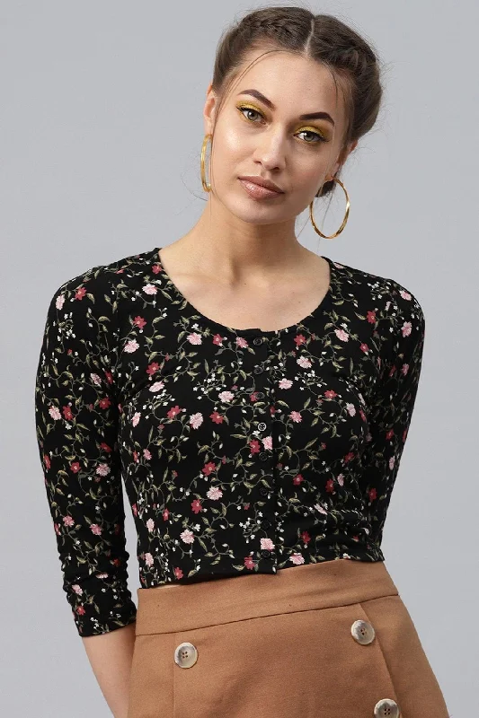 Women's Black Floral Front Button Crop Top - SASSAFRAS Spandex Blend Rayon Blend Denim Blend