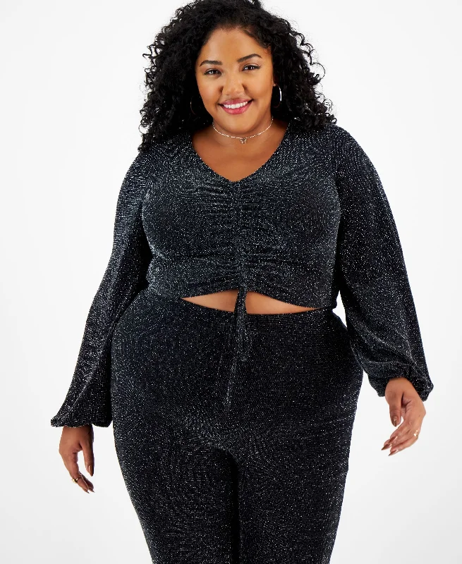 Plus Size Embellished V-Neck Drawstring Crop Top Lace Blend Ribbed Blend Corduroy Blend