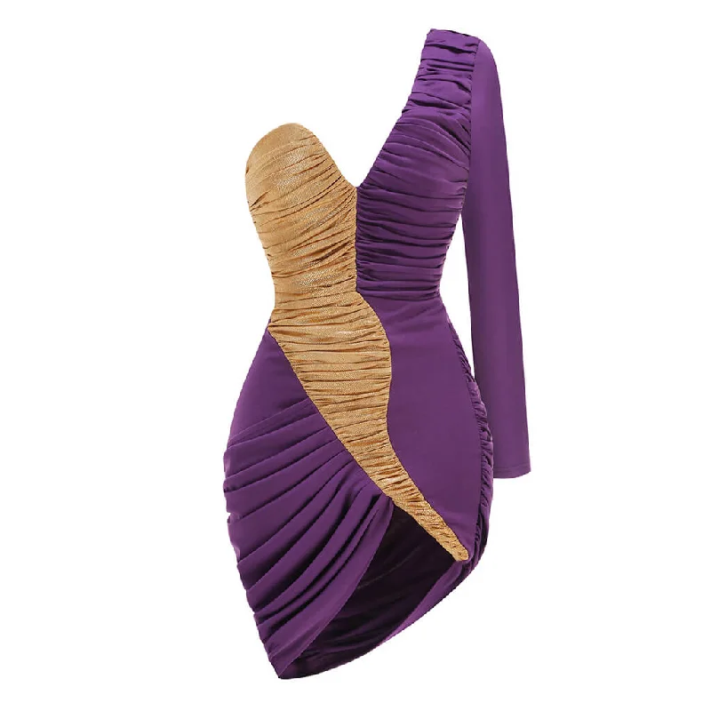 Asymmetric Contrast One Shoulder V Neck Ruched Bodycon Mini Party Dress Tunics Satin smooth
