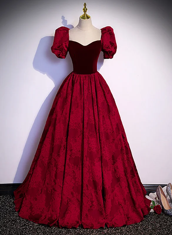 Wine Red Sweetheart Short Sleeves Long Party Dress, Wine Red Evening Dress Prom Dress Tunics Business professional