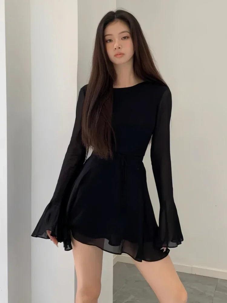 Elegant Black Lace-up Party Dress for Women: Confidence-Boosting Style A-Line Day Work
