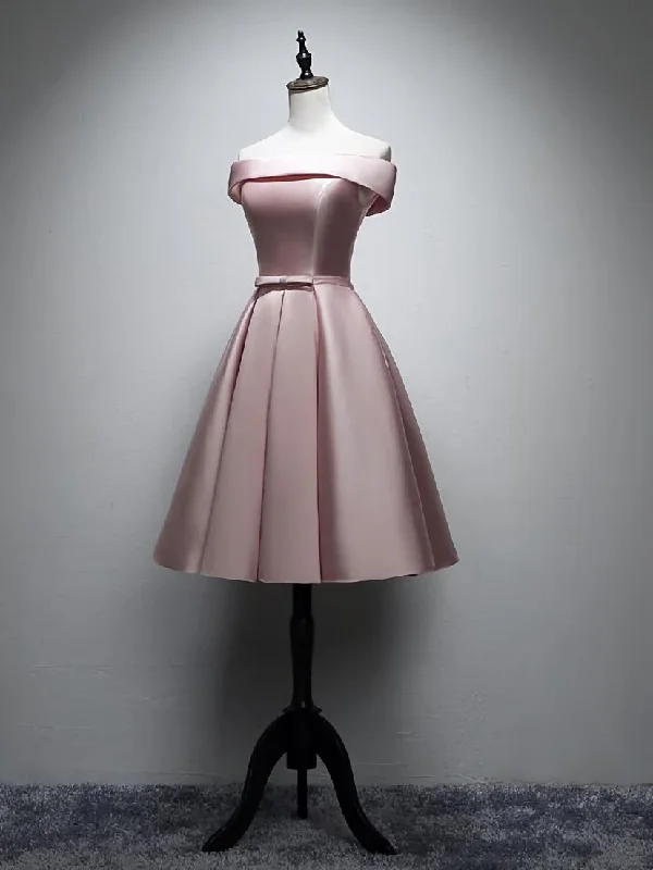 Pink Satin Off Shoulder Lace-up Party Dress, Pink Prom Dress Tunics Stylish modern