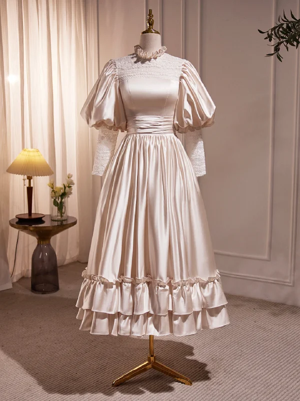 Champagne Satin Lace Long Sleeve Prom Dress, Champagne Evening Party Dress Tunics Versatile stylish