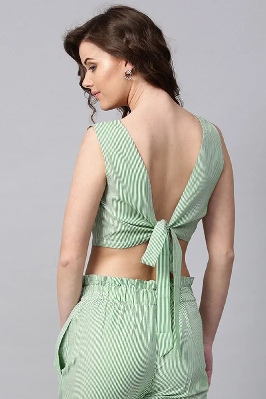 Women's Green Stripes Back Bow Crop Top - SASSAFRAS Hooded Caped Shawl Collar