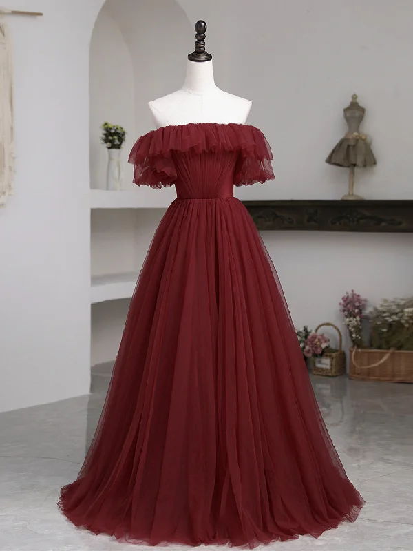 Burgundy Tulle Floor Length Prom Dress, Simple A-Line Evening Party Dress Tunics Sophisticated sleek