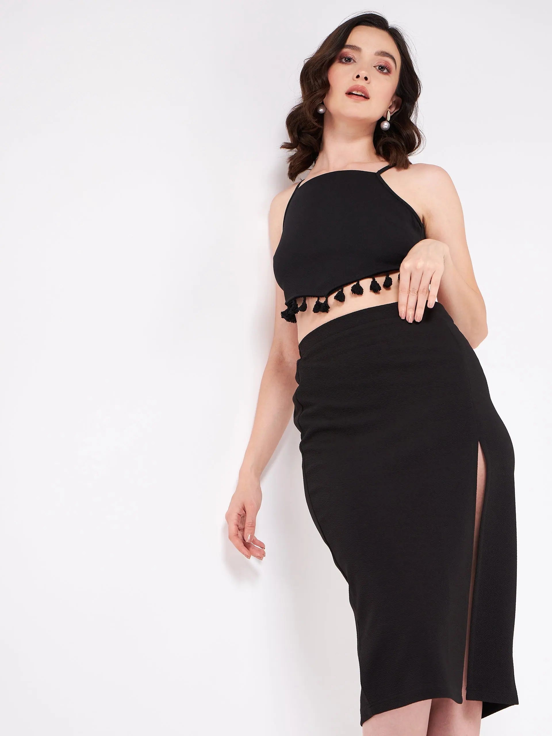 Tie-Up Crop Top With Fitted Skirt Set Real Fur Shearling Chenille