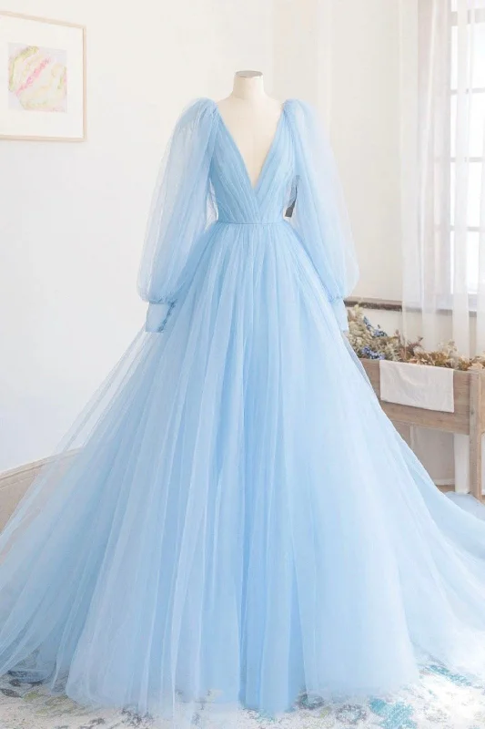 Blue V-Neck Tulle Long Prom Dress, Long Sleeve A-Line Evening Party Dress Mermaid Tail Wedding