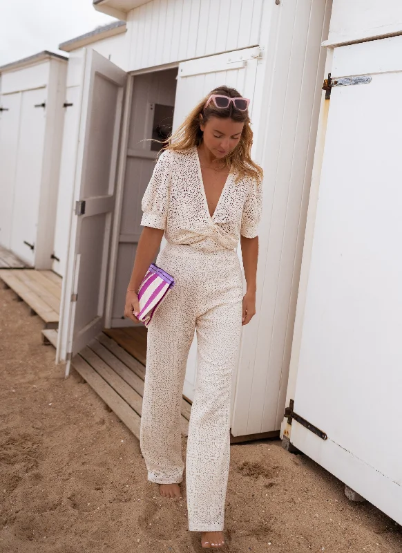Ecru Embroidered Louis Pants Comfortable Wide-Leg Pants