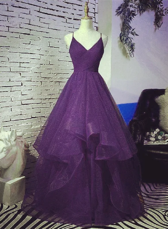 Dark Purple Tulle Layers Formal Gown, Purple Evening Party Dresses Tunics Corduroy durable