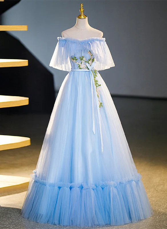 Light Blue Tulle Off Shoulder with Lace Applique Prom Dress, Blue Long Party Dress Tunics Formal black