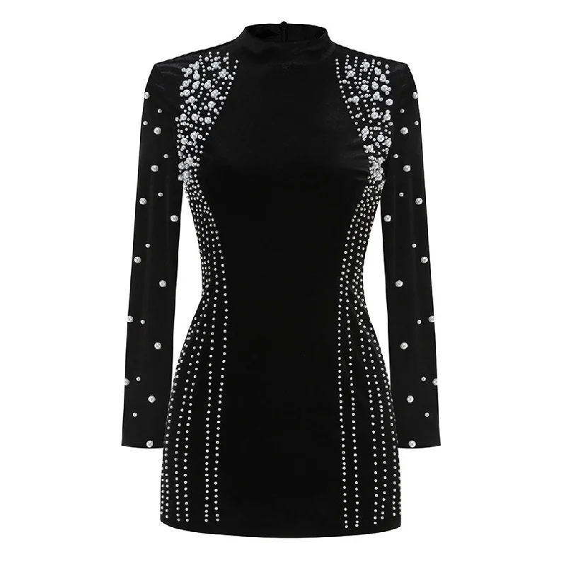 Opulent Faux Pearl Embellished Long Sleeve Velvet Bodycon Mini Party Dress Tunics Denim casual