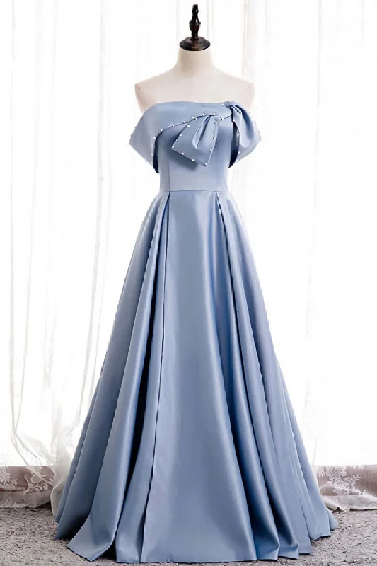 Blue Satin A-line Off-the-Shoulder Beaded Prom Dresses,evening party dress Tunics Occasion special