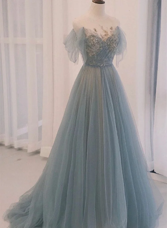 A-line Blue with Lace Applique Party Dress, Long Blue Formal Dress Prom Dress Tunics Wedding white