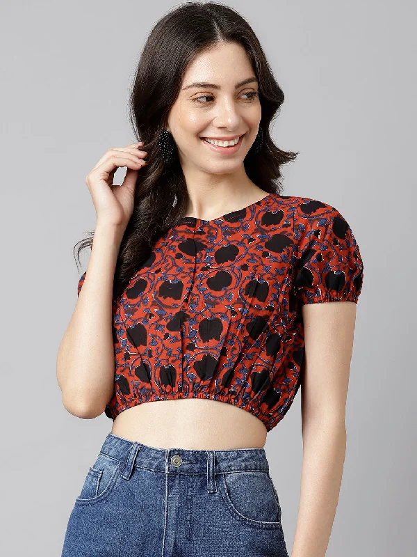 Women's Red & Black Printed Cotton Elasticated Crop Top - Deckedup Mesh Canvas Denim