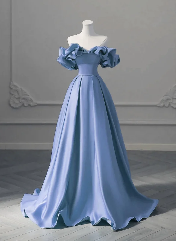 A-line Blue Satin Off Shoulder Long Evening Dress, Long Formal Dress Party Dress Tunics Cozy soft