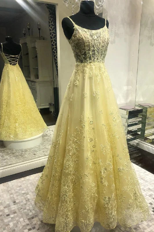 Yellow Tulle Long Prom Dress with Lace, A-Line Backless Party Dress Chiffon Maxi Beach