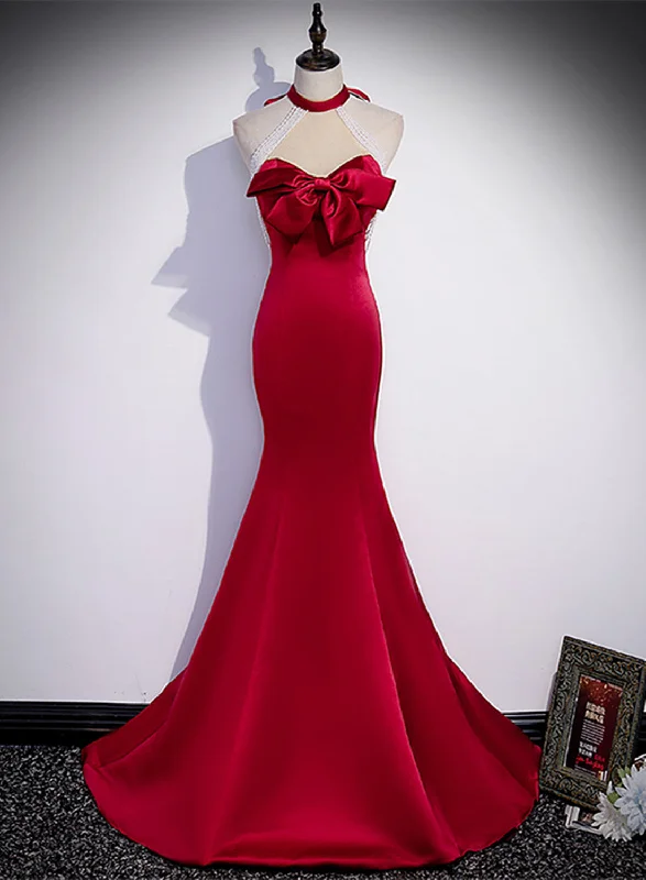 Red Mermaid Satin Long Party Dress Formal Dress, Lace-up Red Prom Dress Tunics Leisure comfortable