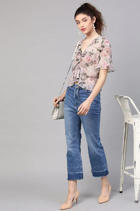 Women's Pista Green Floral Ruched Front Crop Top - SASSAFRAS Terry Blend Velvet Blend Canvas Blend