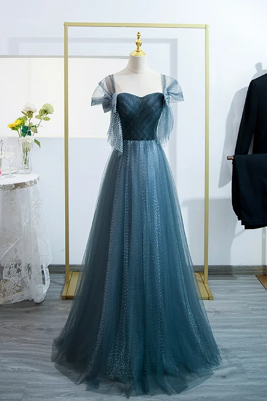 Blue Tulle Long A-Line Prom Dress, Lovely Blue Evening Party Dress Pencil Length Work