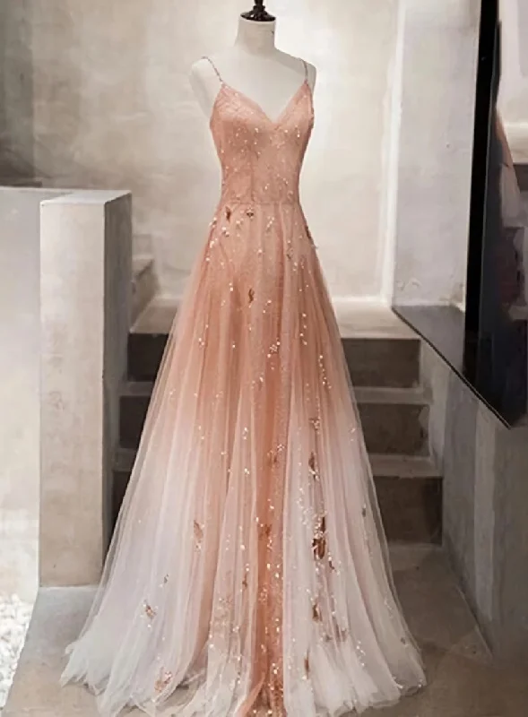 Pink Beaded Tulle Prom Dress Evening Dress, Straps Gradient Party Dresses Tunics Polka dots