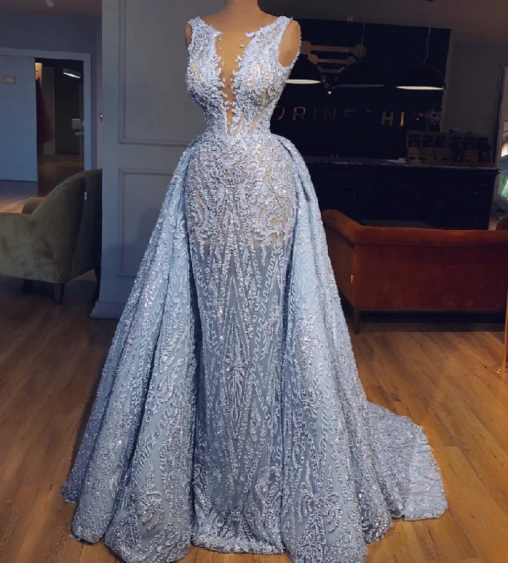 Elegant Blue Lace Sleeveless Deep V Neck Prom Dresses Party Dresses Tunics Solid Classic