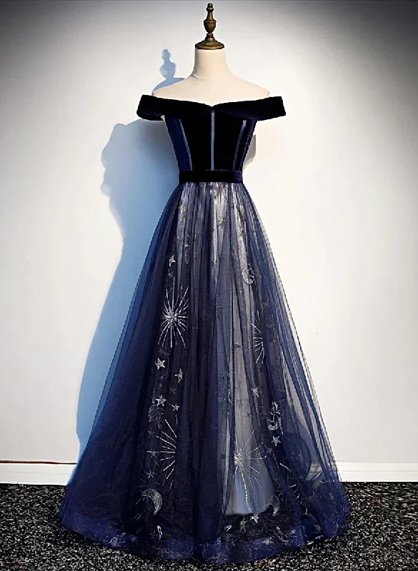 Navy Blue Tulle Off Shoulder Velvet Top Long Party Dress, Blue Evening Dress Prom Dress Tunics Running lightweight
