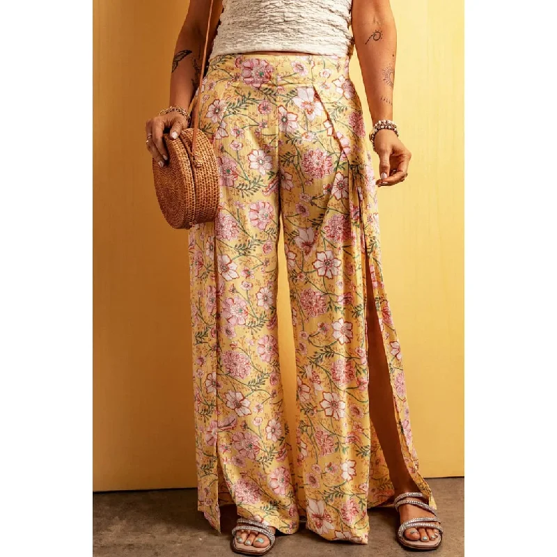 Yellow Floral Print High Slit Wide Leg Pants High-Waist Jeans