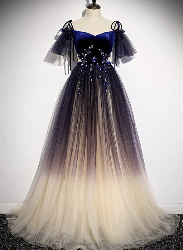 Velvet and Gradient Tulle Long Party Dress, Straps Long Evening Gown Square Neckline Feminine
