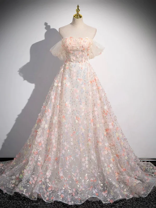 Lovely Three-dimensional Floral Floor Length Prom Dress, Off the Shoulder Evening Party Dress Tunics Review highly