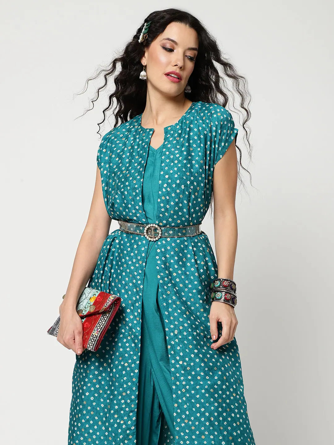 Bandhani Foil Printed Shrug With Stylish Solid Crop Top And Dhoti Set Collared Crew Neck Turtle Neck