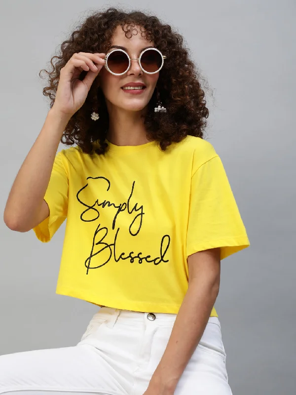 Women's Yellow Printed Crop Top - Aks Wool Fabric Cashmere Fabric Tweed Fabric