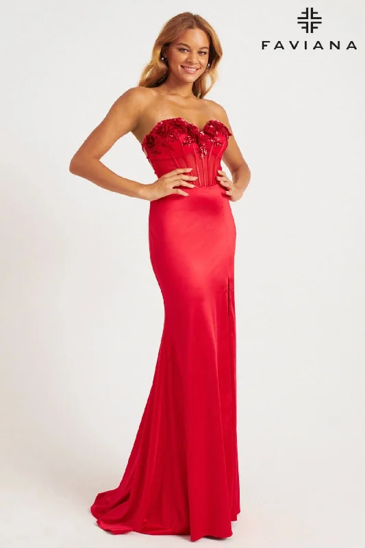 Red Strapless Corset Dress With Rosette Flower Appliqués | 11248 Cowl Neckline Elegant