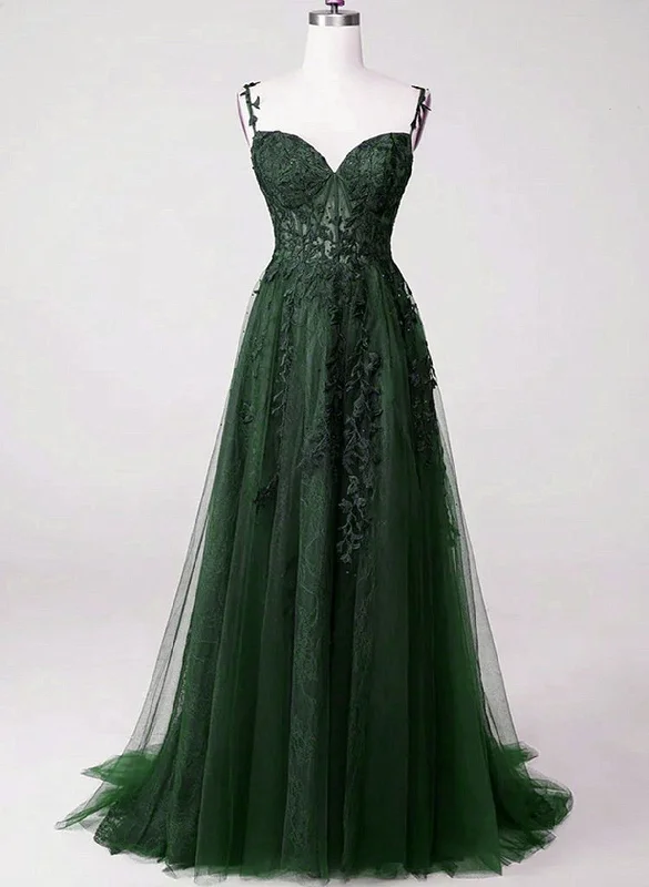Chic Green Straps Tulle with Lace Party Dress, A-line Sweetheart Floor Length Prom Dress Tunics Spring floral