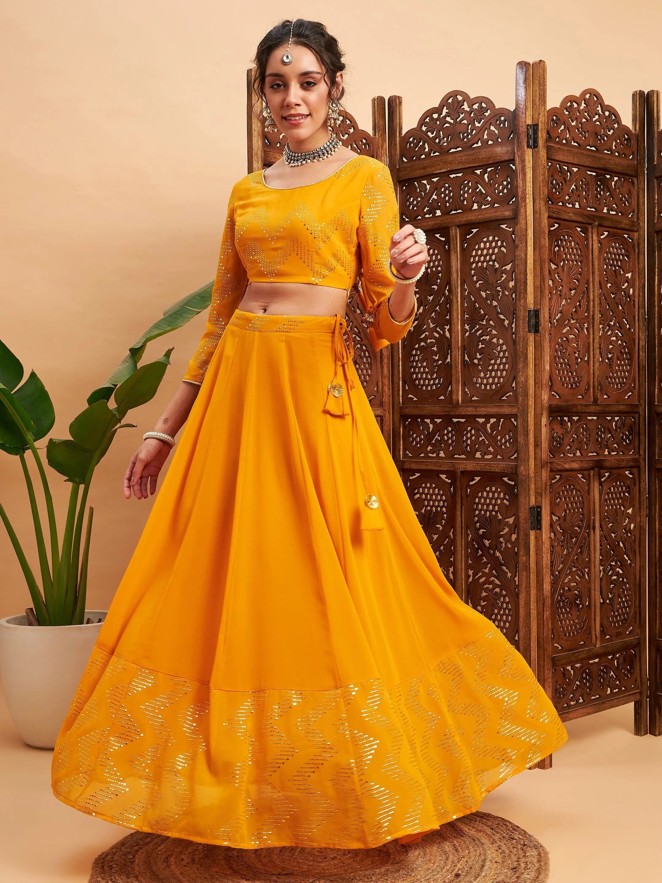 Women Mustard Mukaish Work Anarkali Skirt With Crop Top Satin Blend Silk Blend Wool Blend
