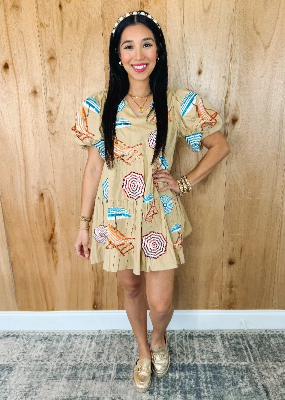Tan Umbrella & Chairs Poof Sleeve Dress A-Line Day Work