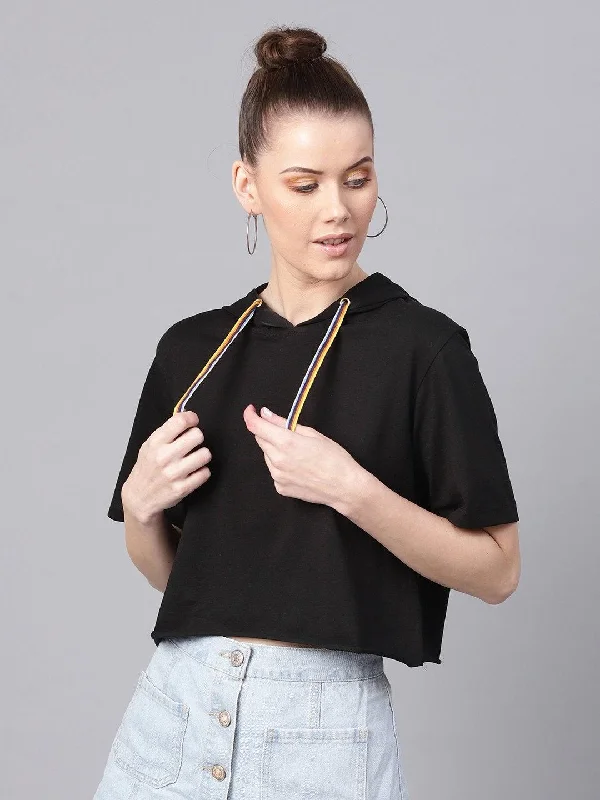 Women's Black Hoddie Boxy Athleisure Crop Top - SASSAFRAS Houndstooth Herringbone Solid