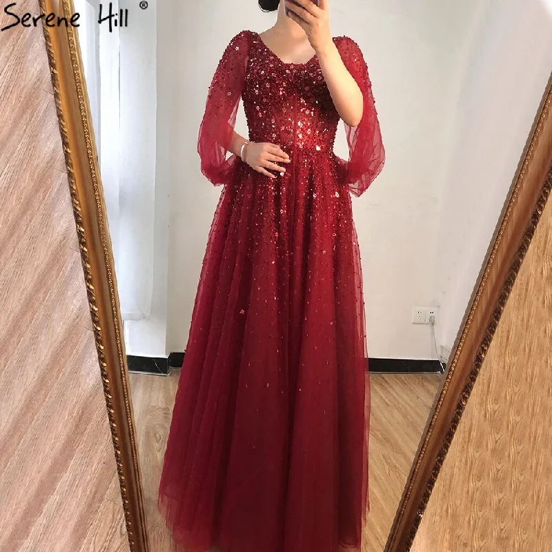 On Sale No Return No Refund  Serene Hill Wine Red Luxury Evening Dresses Gowns 2024 A-Line Beaded Sexy For Women Party Dress LA70855 Tunics Corduroy durable