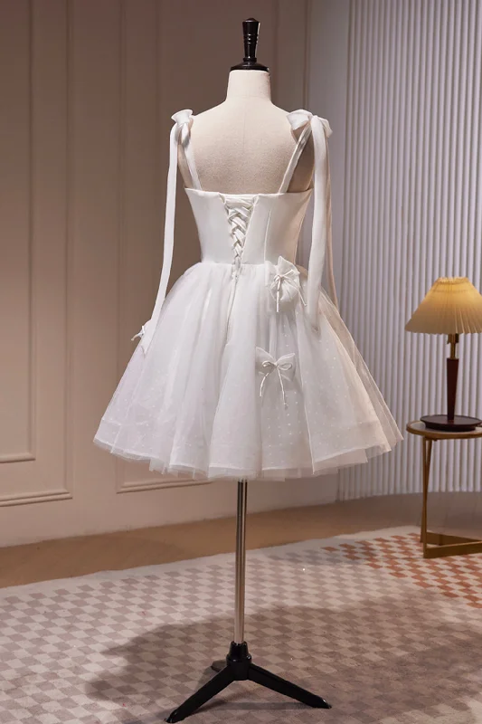 White Spaghetti Strap Short Prom Dress, White Tulle Party Dress Tunics Modern contemporary