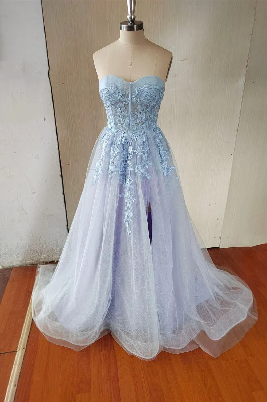 Blue Strapless Lace Long A-Line Prom Dress, Blue Evening Party Dress Halter Neckline Beach