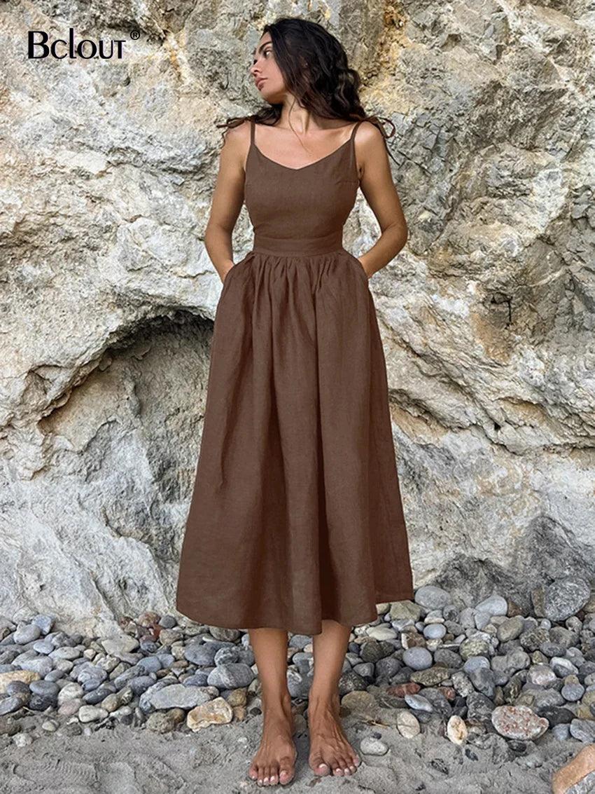 Brown Linen A-Line Party Dress: Chic Elegance for Modern Women Pencil Length Work