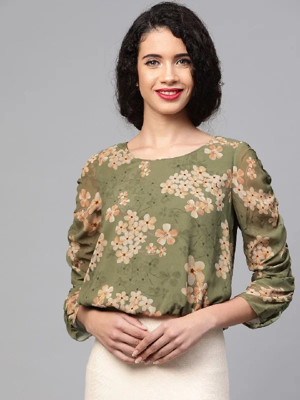 Women's Moss Green Floral Rouched Sleeves Crop Top - SASSAFRAS Chenille Blend Fleece Blend Nylon Blend