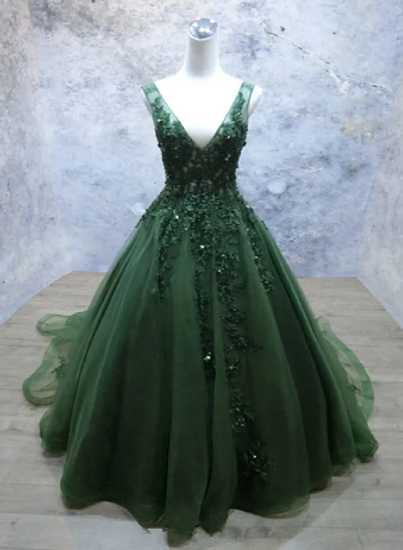Green Beaded and Lace V-neckline Low Back Long Party Dresses, Green Evening Dress Party Dresses Tunics Yoga stretchy