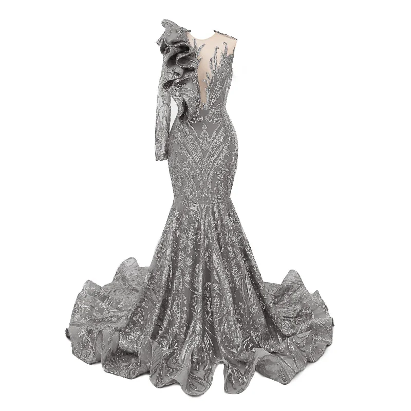 Silver Mermaid One Sleeve Prom Dresses Sequined Lace Jewel Ruffles Evening Party Dress with Appliques Tunics Versatile stylish