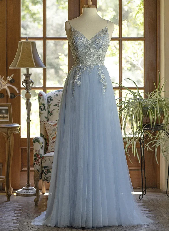 Light Blue Tulle V-neckline Straps with Lace Long Party Dress, Blue A-line Prom Dress Tunics Gym athletic